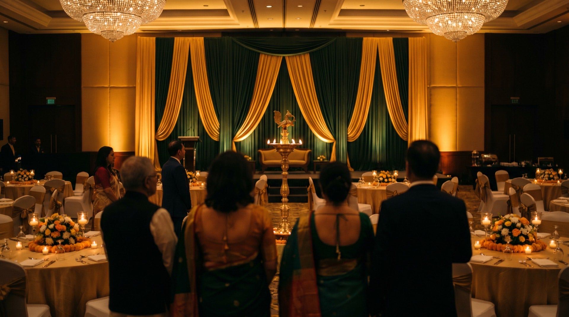 An elegant inaugural conference evening — ceremonial lamp lighting in a green-and-gold ballroom